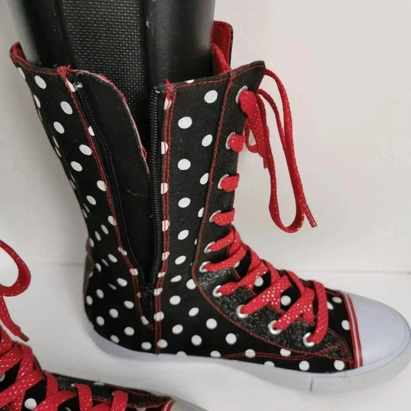 Disney Minnie Mouse Boots Size 6 M Black White Dot Red Lace Up  10 inch - Picture 3 of 8